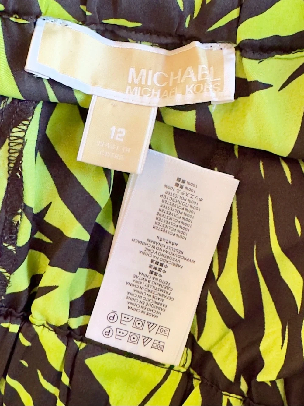 MICHAEL KORS Satin Neon Lime Green & Black Palm Leaf Print Track Pants